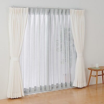 ポリエステル杢調ボイルプリーツカーテン２倍ヒダ／ブルーグレー