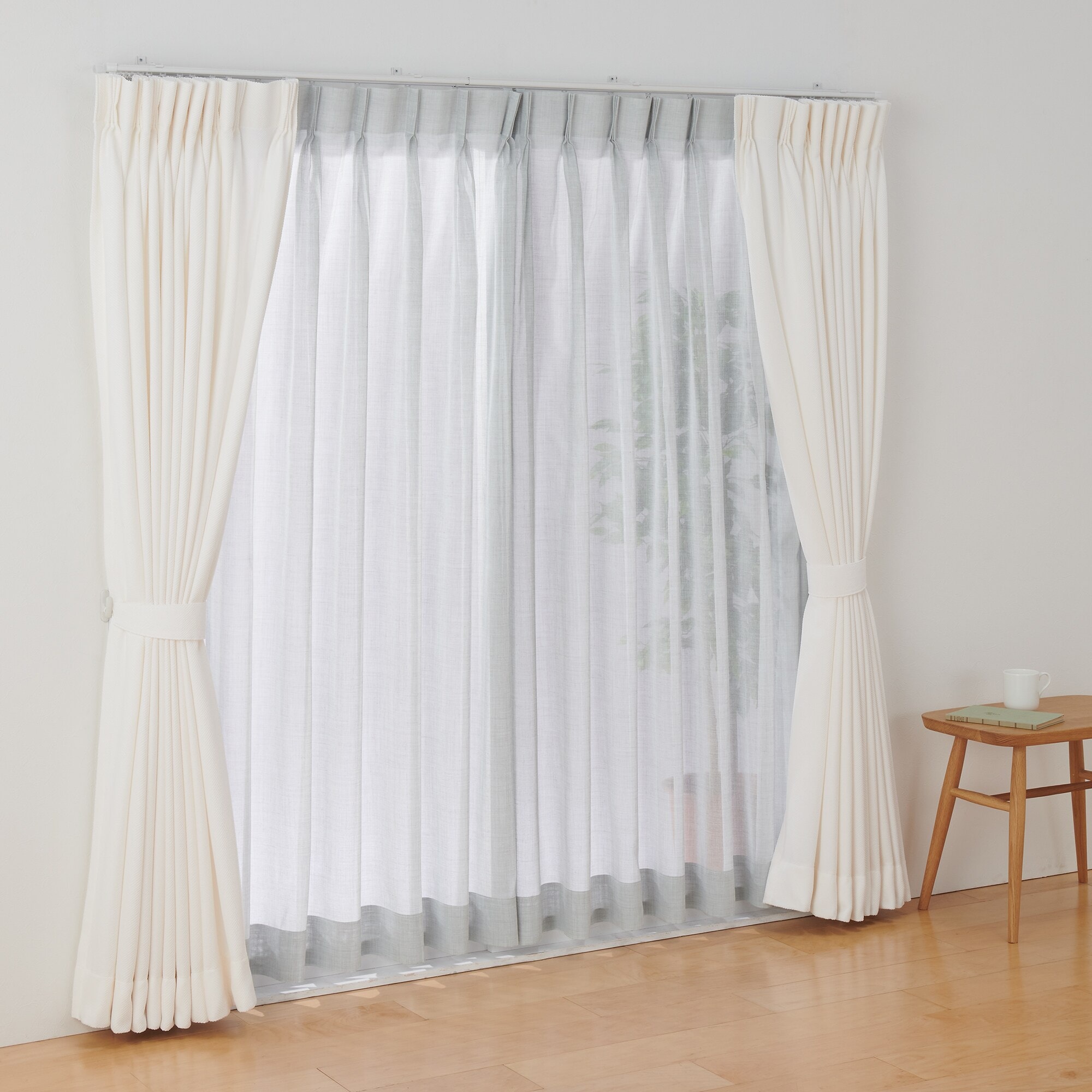 ポリエステル杢調ボイルプリーツカーテン２倍ヒダ／ブルーグレー