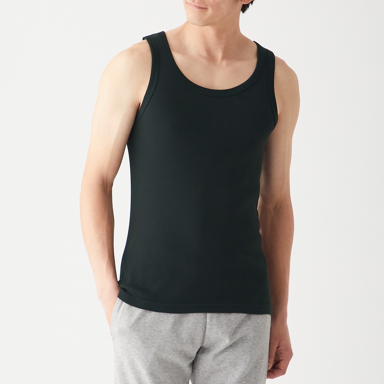 脇に縫い目がない リブ編みタンクトップ ２枚組 紳士ｍ 黒 通販 無印良品