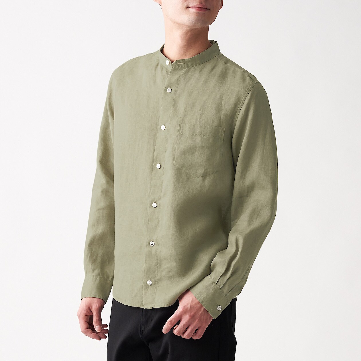 フレンチリネン洗いざらしスタンドカラーシャツ 紳士ｓ ライトグリーン シャツ ワイシャツ 長袖 紳士 メンズ 通販 無印良品