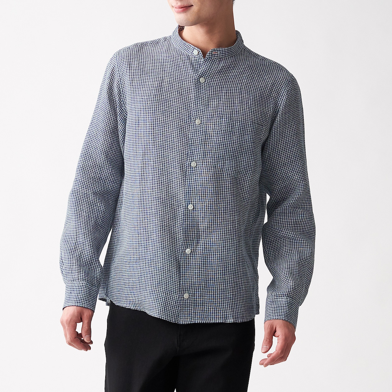 フレンチリネン洗いざらしスタンドカラーシャツ 紳士ｓ ダークネイビー チェック シャツ ワイシャツ 長袖 紳士 メンズ 通販 無印良品