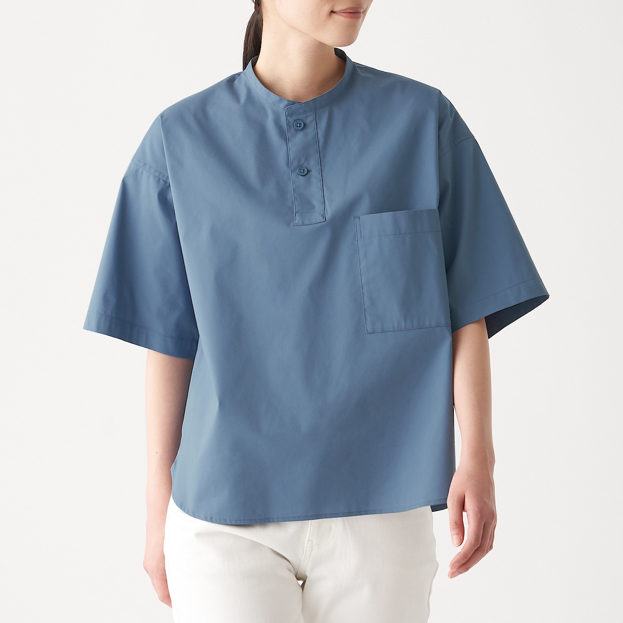 綿混ストレッチ半袖ブラウス 婦人xs s スモーキーブルー 通販 無印良品 綿混ストレッチ半袖ブラウス 婦人xs s スモーキーブルー 通販 無印良品