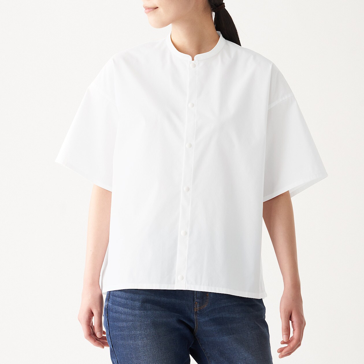 綿混ストレッチ半袖スタンドカラーシャツ 婦人ｘｓ ｓ 白 Tシャツ カットソー シャツ 半袖 婦人 レディース 通販 無印良品