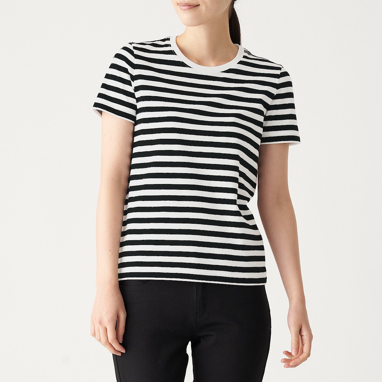 インド綿天竺編みクルーネック半袖ｔシャツ ボーダー 婦人ｍ 白 黒 中細 Tシャツ カットソー 半袖 婦人 レディース 通販 無印良品