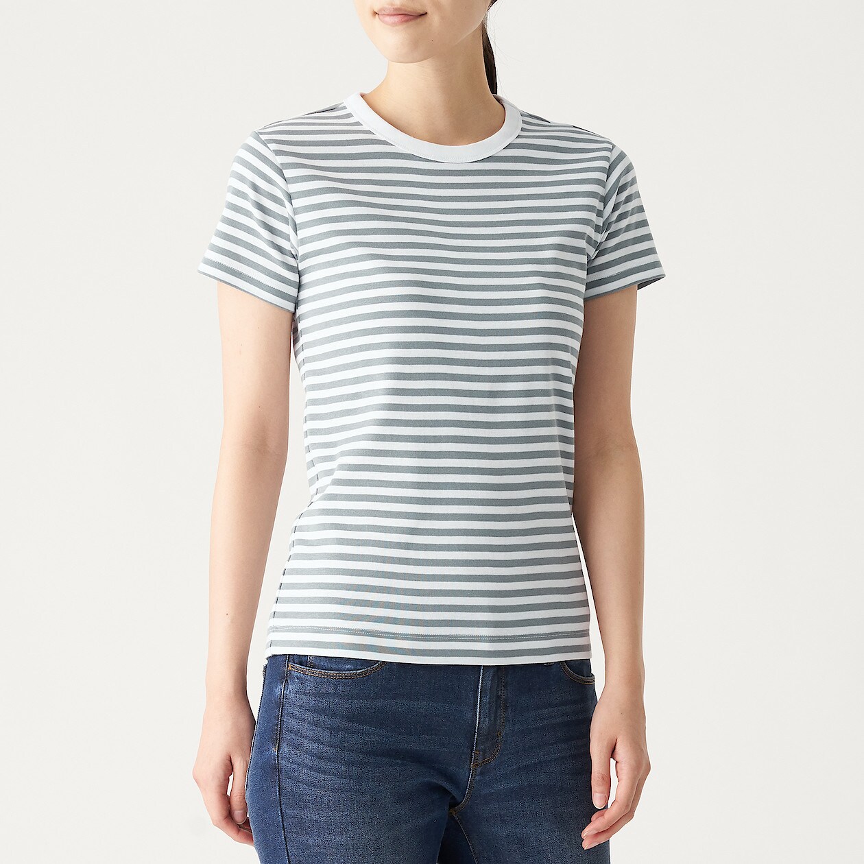 汗じみしにくいフライス編みクルーネック半袖ｔシャツ ボーダー 婦人ｓ 白 スモーキーグリーン Tシャツ カットソー 半袖 婦人 レディース 通販 無印良品