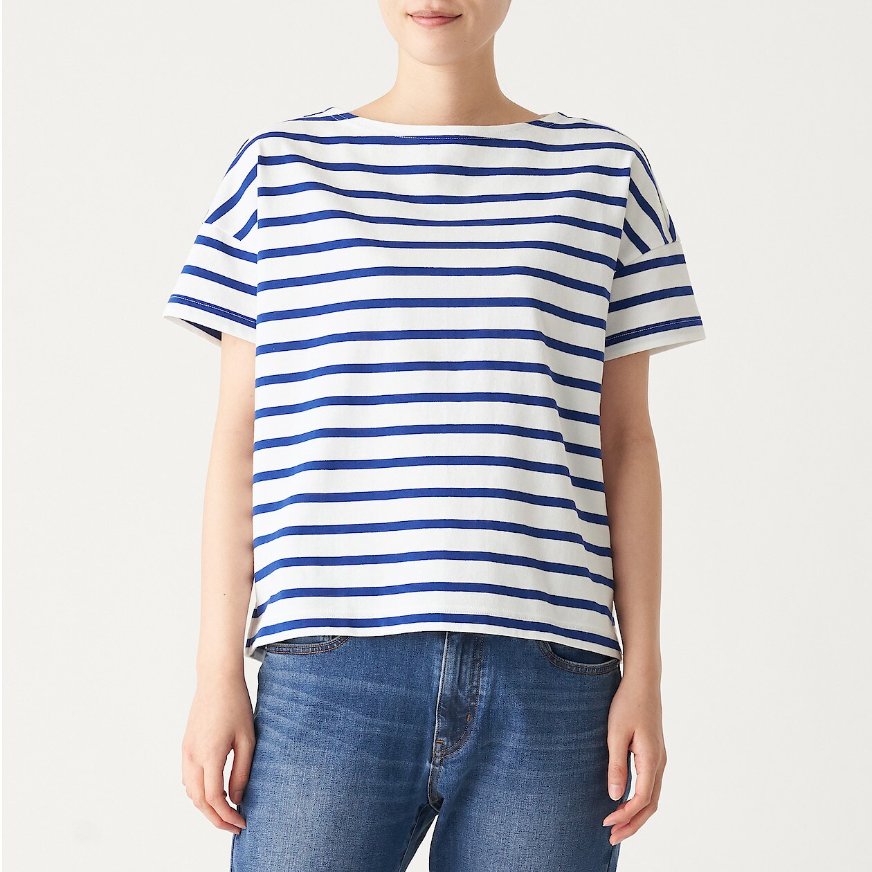 太番手天竺編みボートネックワイドｔシャツ 半袖 無地 ボーダー 婦人ｘｓ ｓ 白 ブルー 婦人カットソー シャツ 半袖 婦人 レディース 通販 無印良品