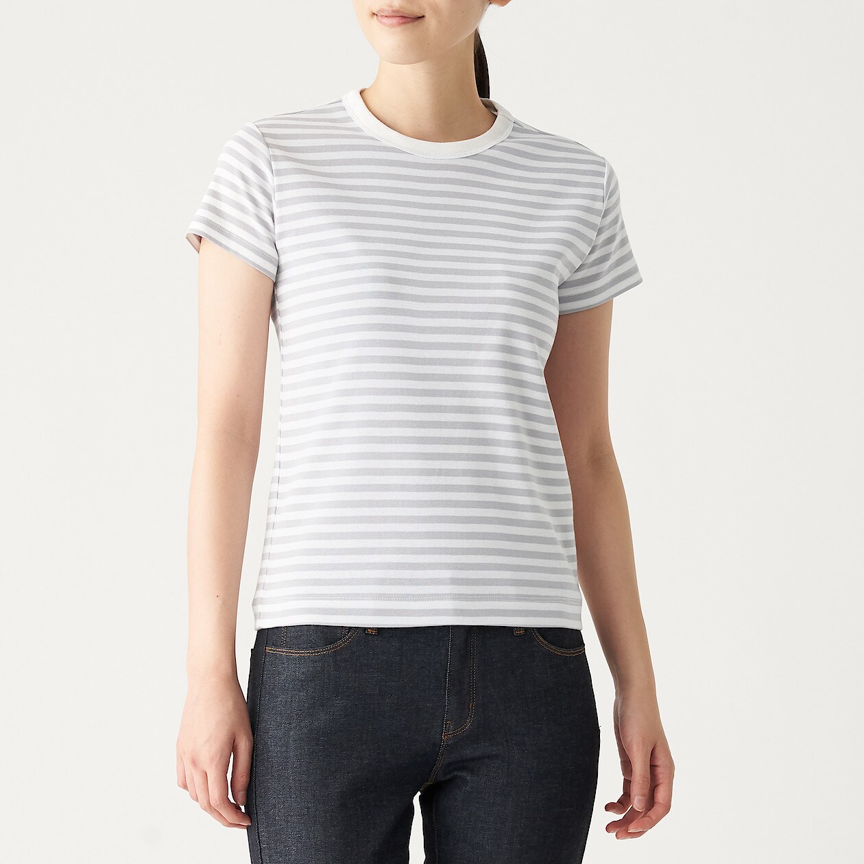 汗じみしにくいフライス編みクルーネック半袖ｔシャツ ボーダー 婦人ｘｓ 白 ライトシルバーグレー Tシャツ カットソー 半袖 婦人 レディース 通販 無印良品