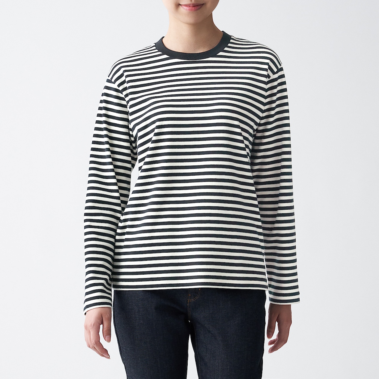 インド綿スムース編みクルーネック長袖ｔシャツ ボーダー 婦人ｍ 黒 ストライプ 通販 無印良品