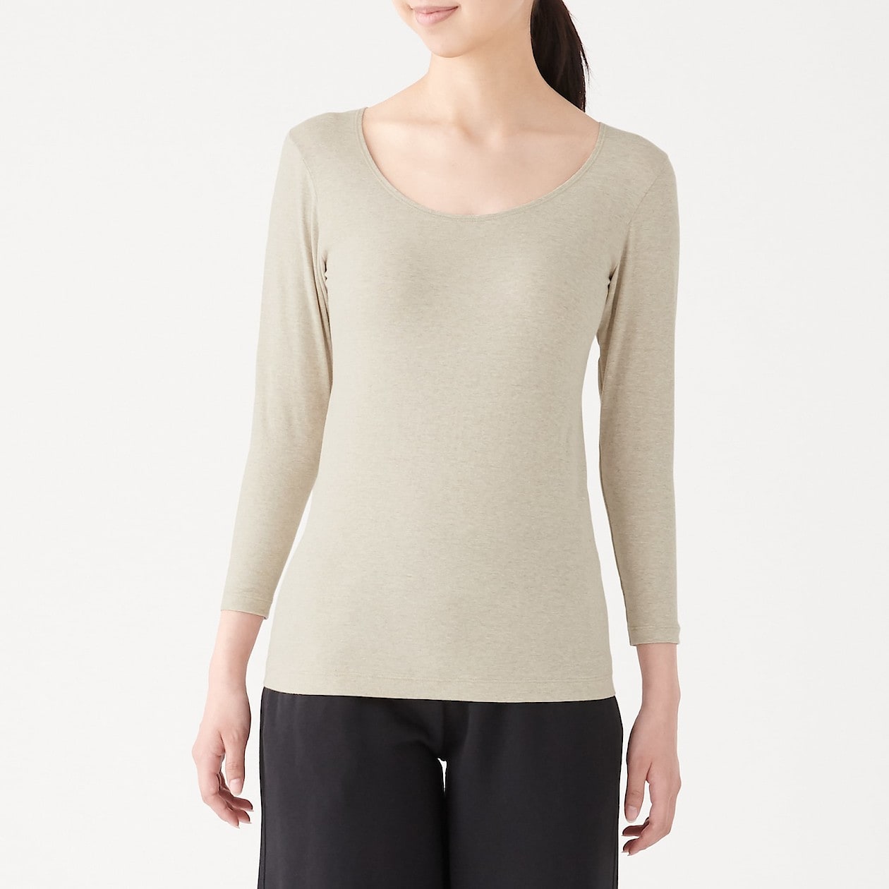 綿であったかｕネック八分袖ｔシャツ 婦人ｘｓ ライトベージュ あったかインナー 婦人 レディース 通販 無印良品