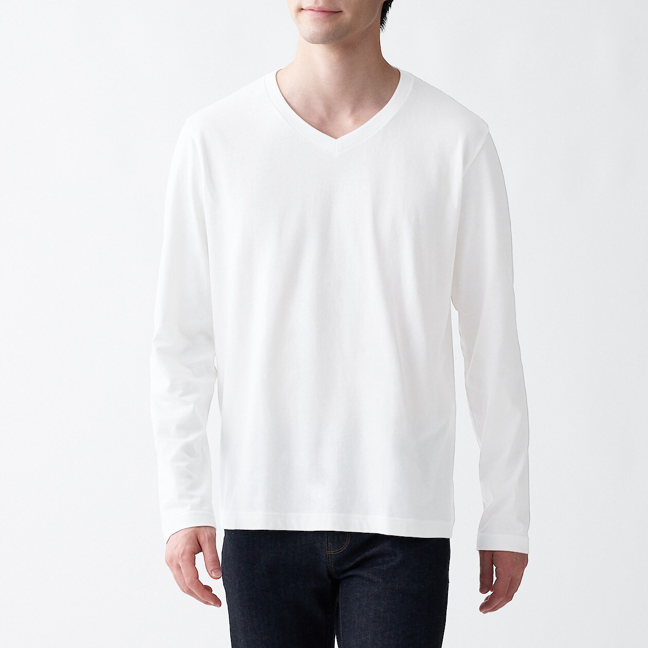 インド綿天竺編みｖネック長袖ｔシャツ 欧米サイズ 紳士ｘｓ 白 ゆったりサイズ 海外規格 紳士 メンズ 通販 無印良品