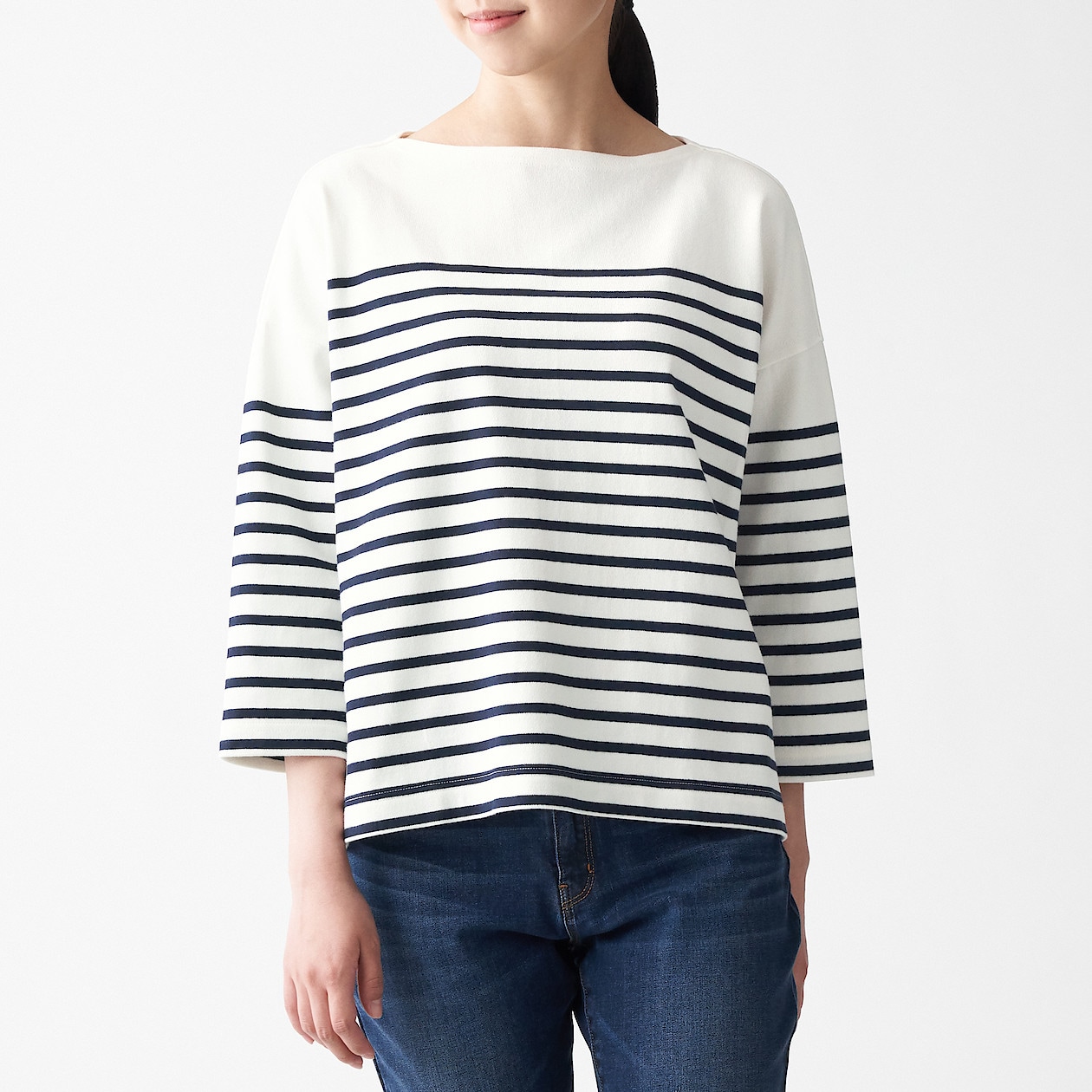 太番手天竺編みボートネック七分袖tシャツ パネル 婦人m l ネイビー ボーダー 通販 無印良品 太番手天竺編みボートネック七分袖tシャツ パネル 婦人m l ネイビー ボーダー 通販 無印良品