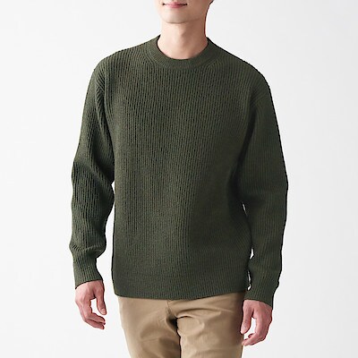 ヤク入りウール畦編みクルーネックセーター 紳士ｌ カーキグリーン 通販 無印良品