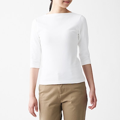 ストレッチフライス編みボートネック七分袖Tシャツ 婦人M・白 | Tシャツ・カットソー（長袖・七分袖） | 婦人・レディース 通販 | 無印良品