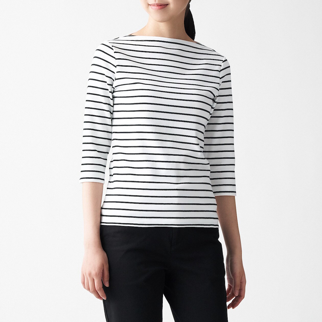 ストレッチフライス編みボートネック七分袖ｔシャツ ボーダー 欧米サイズ 婦人ｘｓ 黒 ボーダー 海外サイズ 婦人 レディース 通販 無印良品