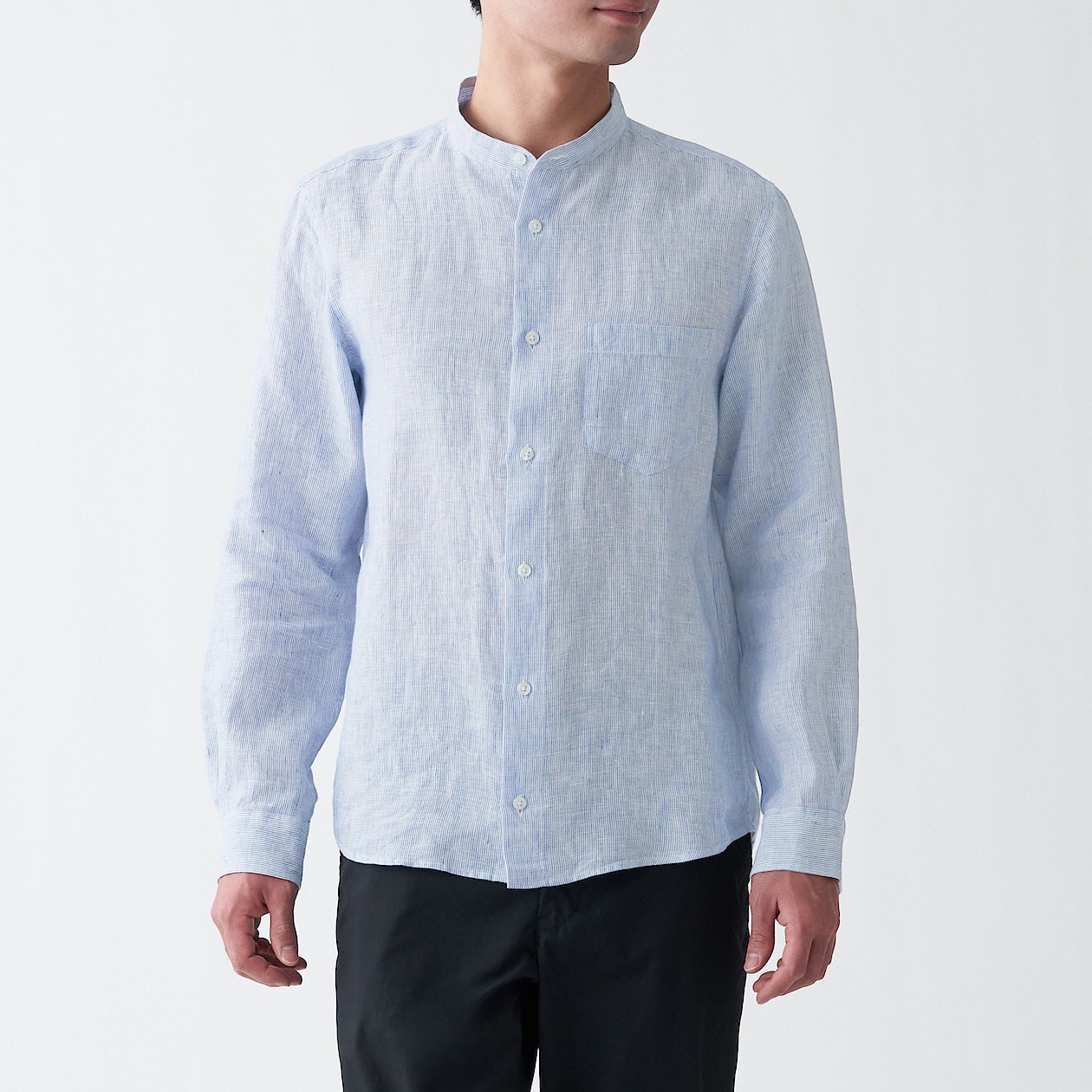 フレンチリネン洗いざらしスタンドカラーシャツ 紳士ｌ スカイブルーストライプ シャツ ワイシャツ 長袖 紳士 メンズ 通販 無印良品