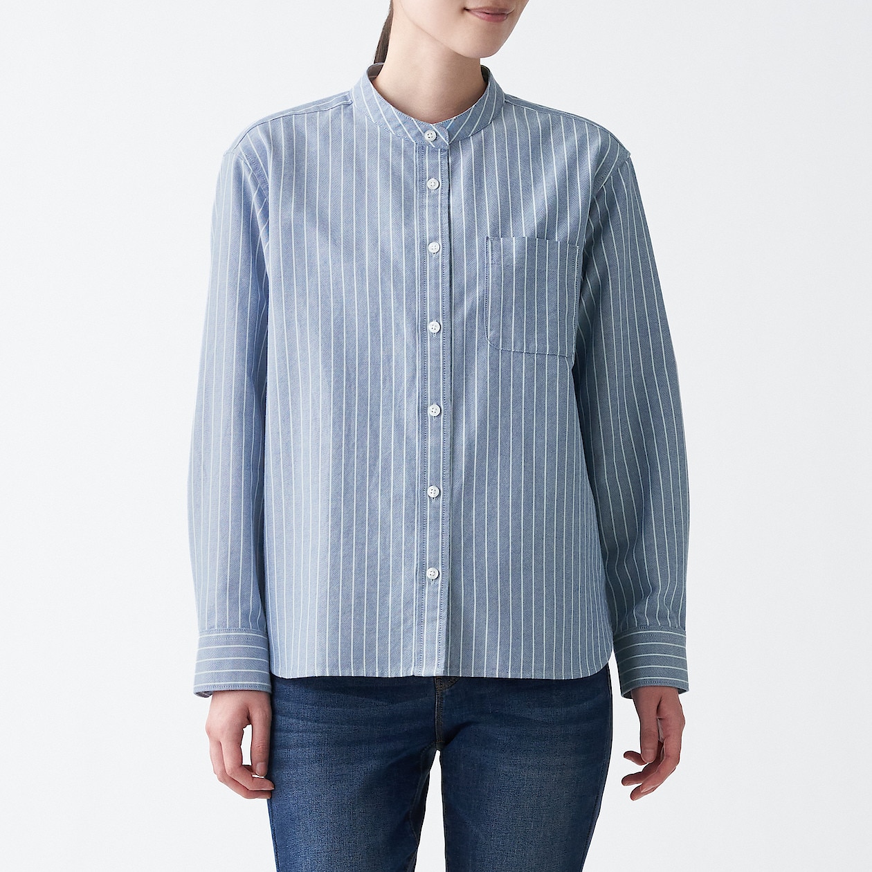 洗いざらしオックススタンドカラーシャツ 婦人ｌ ネイビーストライプ シャツ ブラウス 長袖 七分袖 婦人 レディース 通販 無印良品