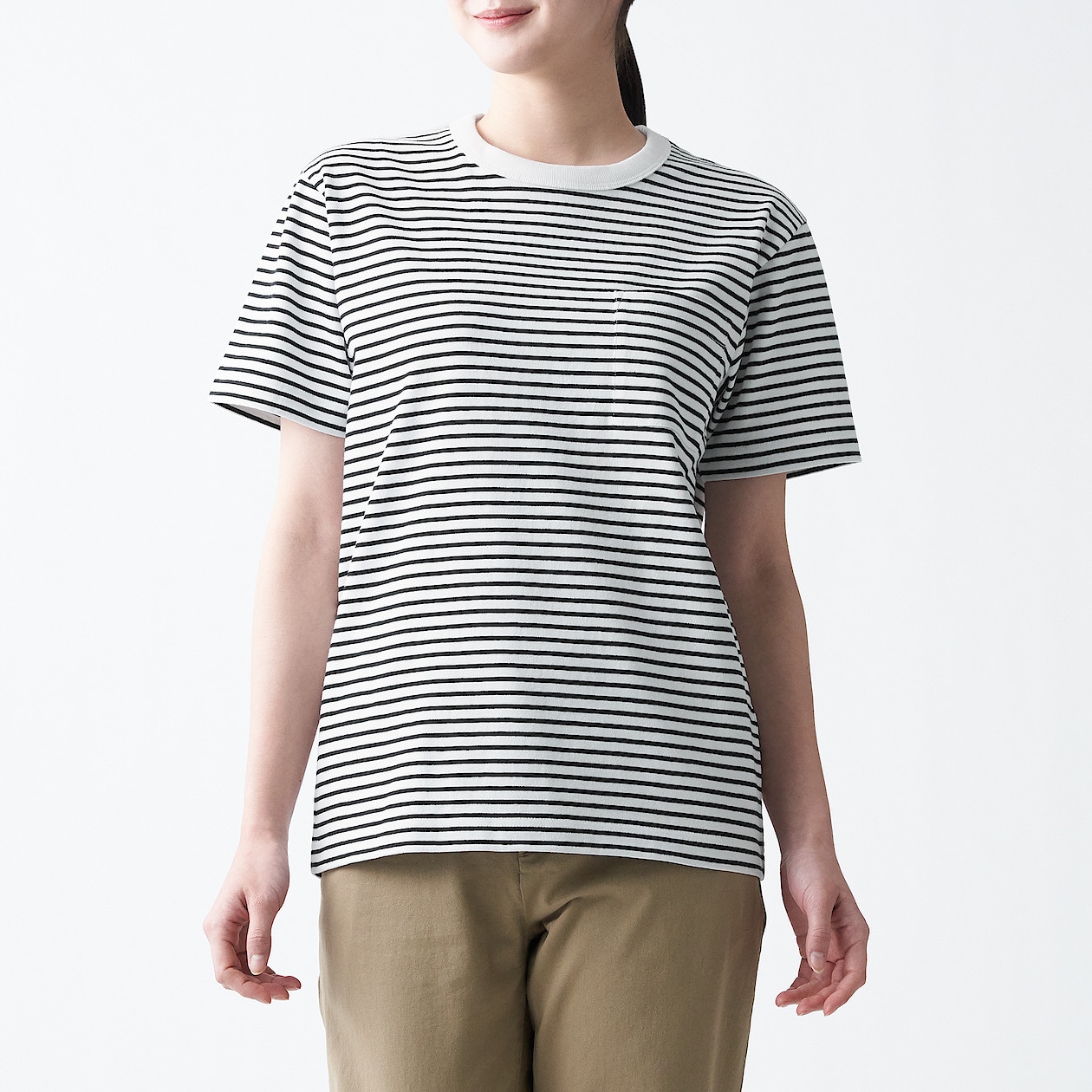 太番手天竺編みクルーネックｔシャツ 婦人ｍ 黒ボーダー Tシャツ カットソー 半袖 婦人 レディース 通販 無印良品