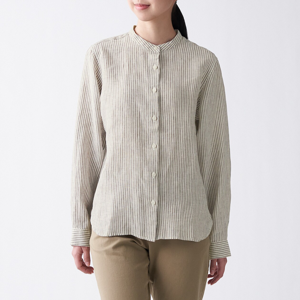 オーガニックリネン洗いざらしスタンドカラーシャツ 婦人ｓ アイボリーストライプ シャツ ブラウス 長袖 七分袖 婦人 レディース 通販 無印良品