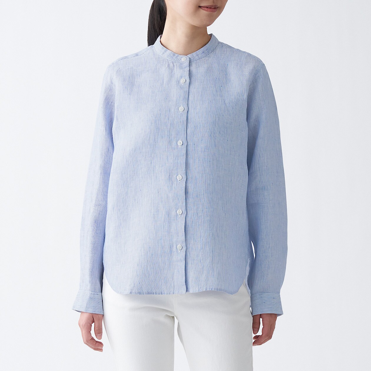 オーガニックリネン洗いざらしスタンドカラーシャツ 婦人ｍ スモーキーブルーストライプ シャツ ブラウス 長袖 七分袖 婦人 レディース 通販 無印良品