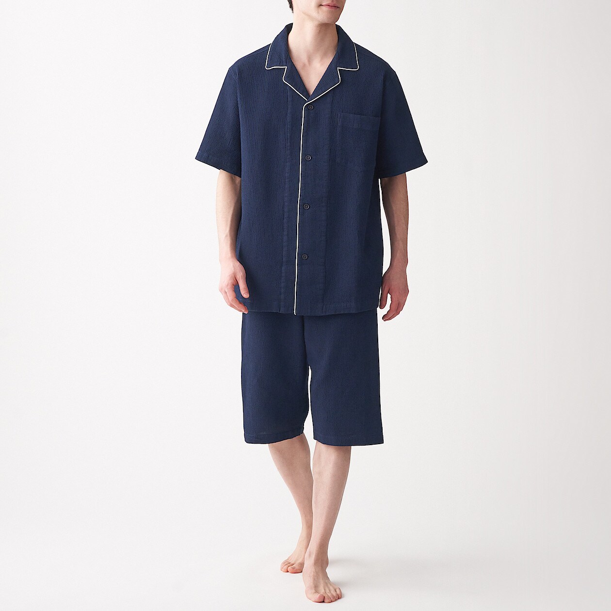 脇に縫い目のない ワッフル織り半袖パジャマ 紳士ｌ ネイビー パジャマ 紳士 メンズ 通販 無印良品