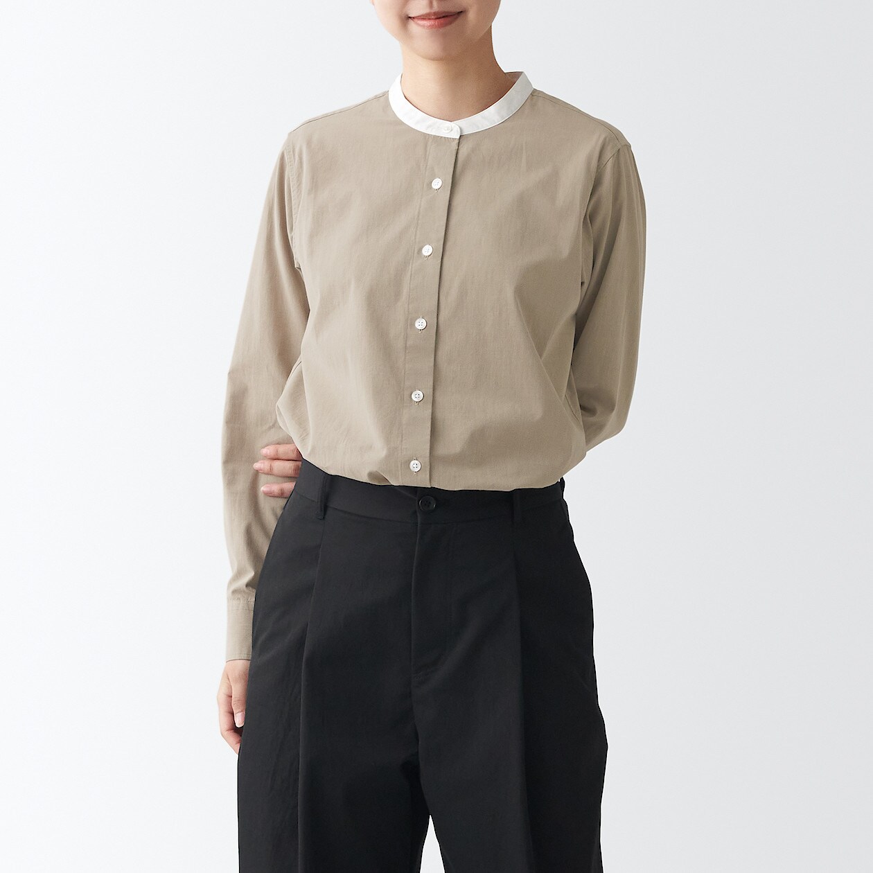 洗いざらしブロードスタンドカラーシャツ 婦人ｌ モカブラウン シャツ ブラウス 長袖 七分袖 婦人 レディース 通販 無印良品