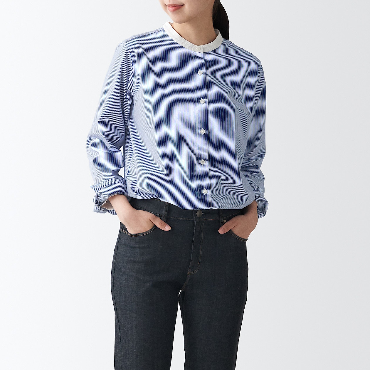 洗いざらしブロードスタンドカラーシャツ 婦人ｍ ネイビーストライプ シャツ ブラウス 長袖 婦人 レディース 通販 無印良品