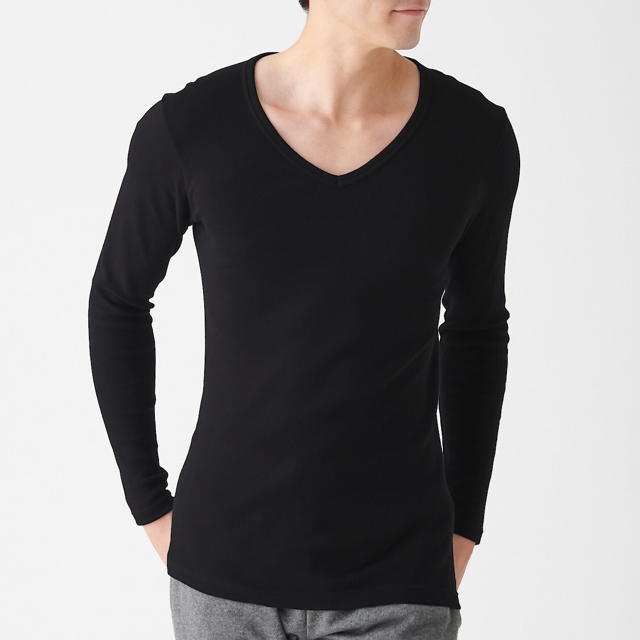綿とウールで真冬もあったか ｖネック長袖ｔシャツ 紳士ｌ 黒 あったかインナー 紳士 メンズ 通販 無印良品