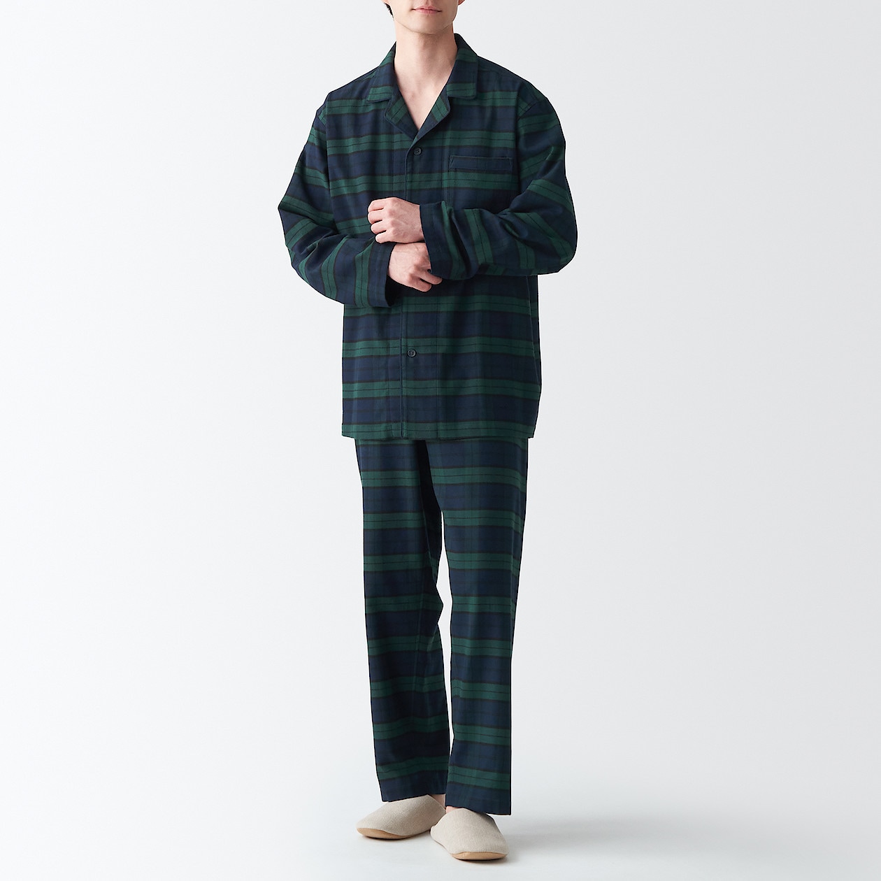 脇に縫い目のない フランネルパジャマ 紳士ｌ ｘｌ ダークグリーン柄 パジャマ 紳士 メンズ 通販 無印良品