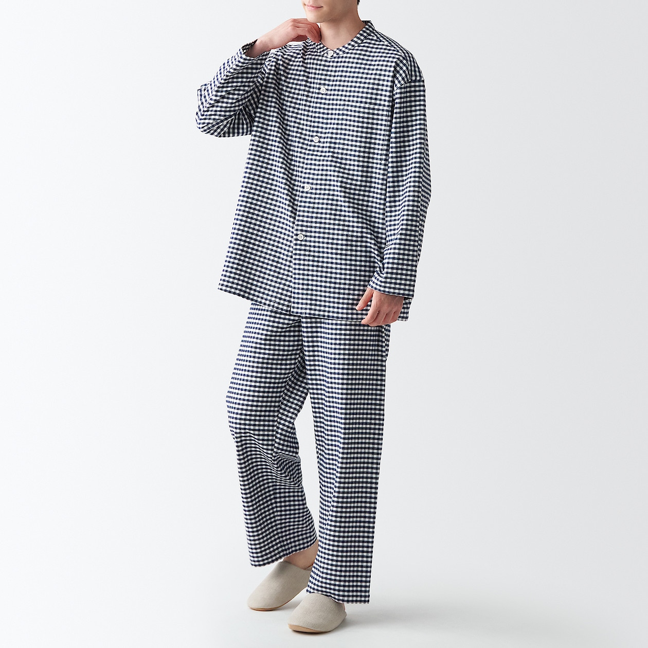 脇に縫い目のないフランネルスタンドカラーパジャマ 紳士ｌ ｘｌ ネイビーチェック パジャマ 紳士 メンズ 通販 無印良品