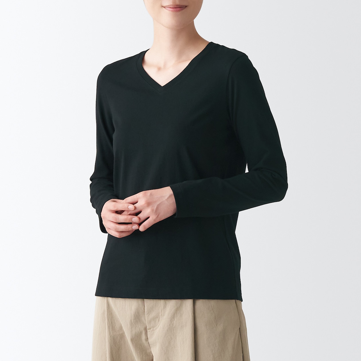 天竺編みｖネック長袖ｔシャツ 婦人ｍ 黒 ｔシャツ カットソー 長袖 七分袖 婦人 レディース 通販 無印良品