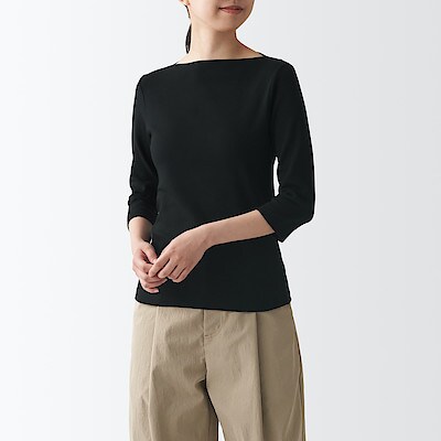 ストレッチフライス編みボートネック七分袖ｔシャツ 婦人ｍ 黒 ｔシャツ カットソー 長袖 七分袖 婦人 レディース 通販 無印良品