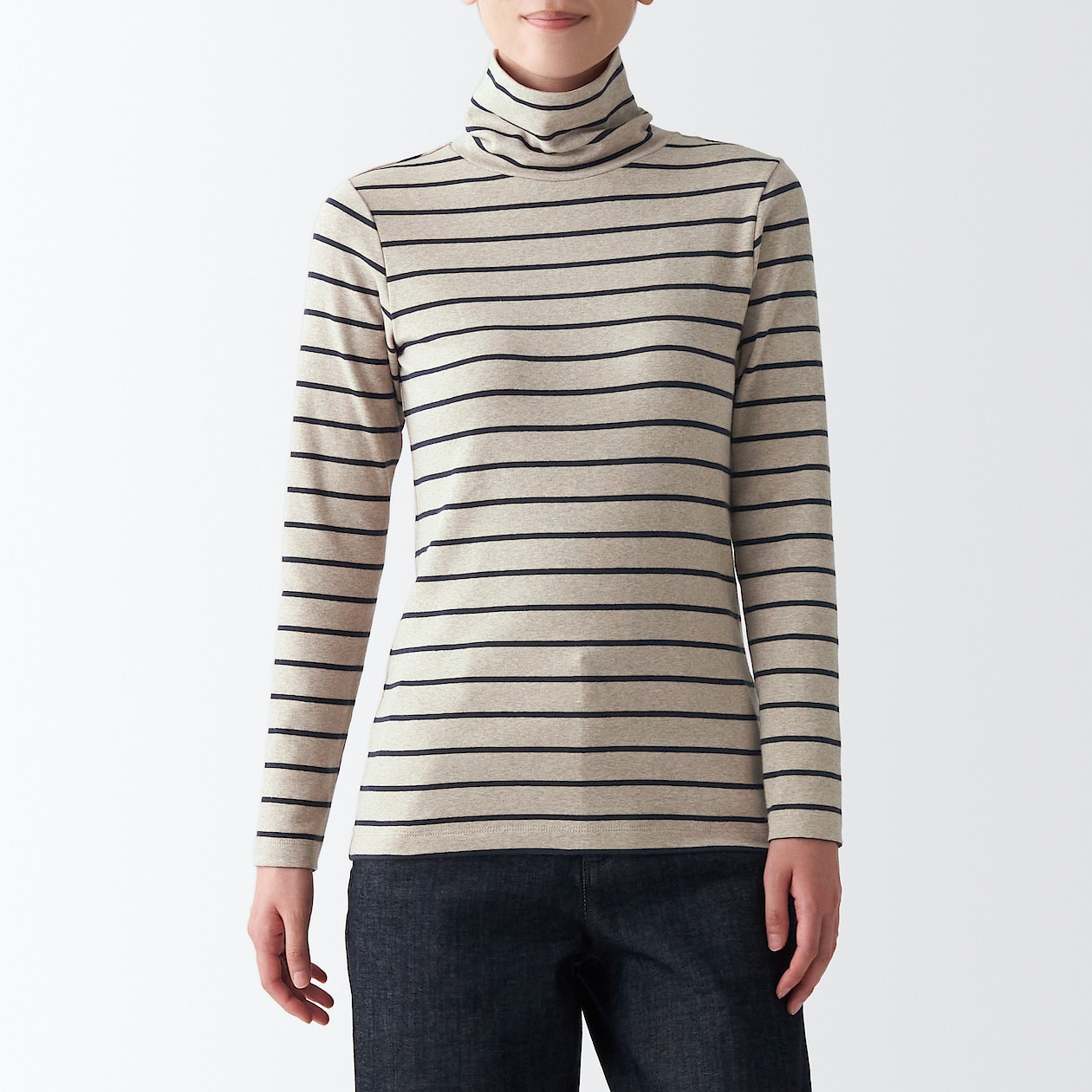 ストレッチフライス編みタートルネックｔシャツ 婦人ｍ ベージュストライプ Tシャツ カットソー 長袖 婦人 レディース 通販 無印良品