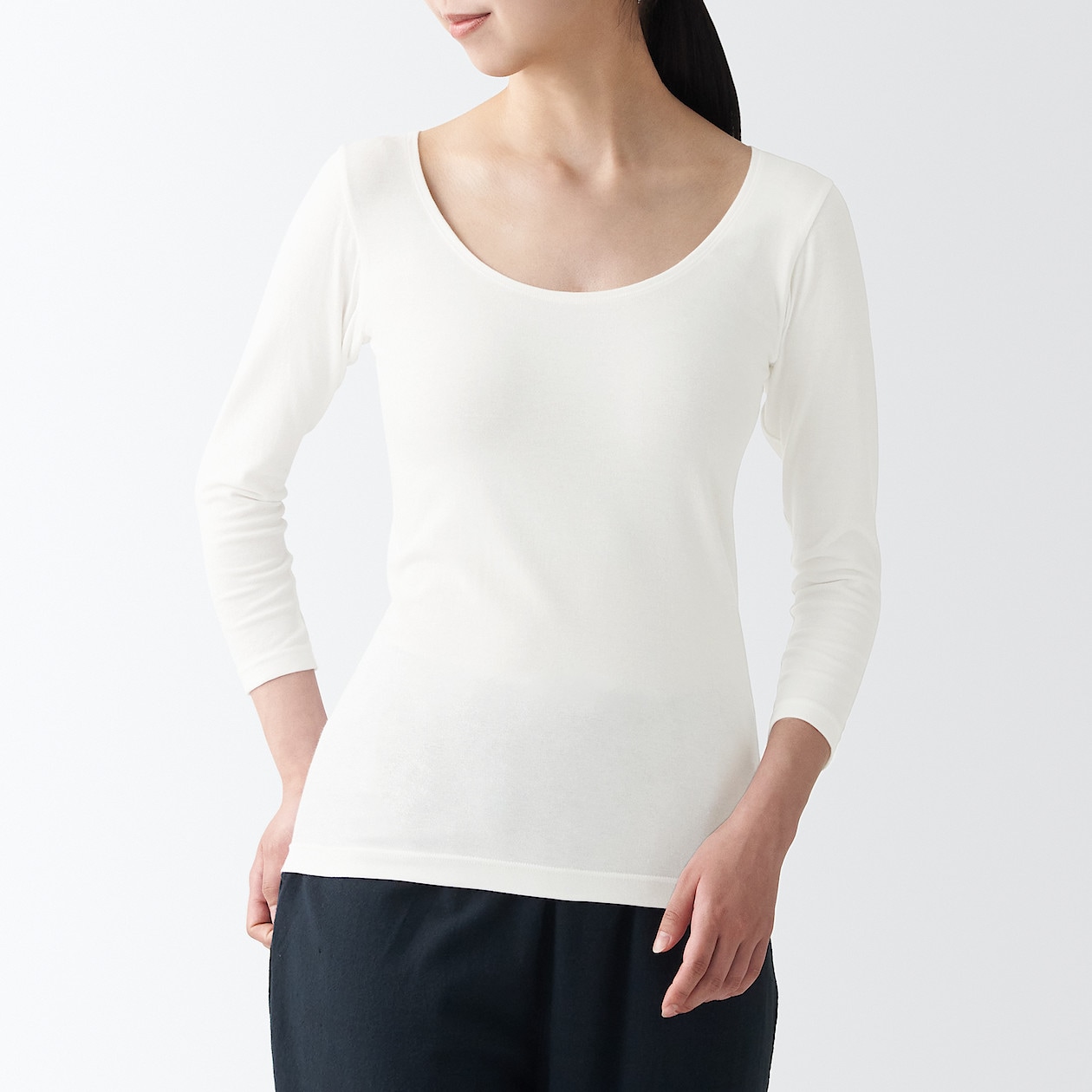 綿であったかＵネック八分袖Ｔシャツ 婦人ＸＳ・オフ白 | あったか綿インナー | 婦人・レディース 通販 | 無印良品