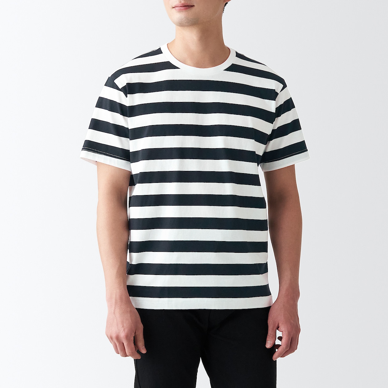 洗いざらし天竺編みｔシャツ 太ボーダー 紳士ｌ 黒ボーダー ｔシャツ カットソー 半袖 紳士 メンズ 通販 無印良品