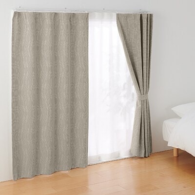 【遮光１級】ポリエステルジャガード織波ノンプリーツカーテン／遮光裏地付／ベージュ