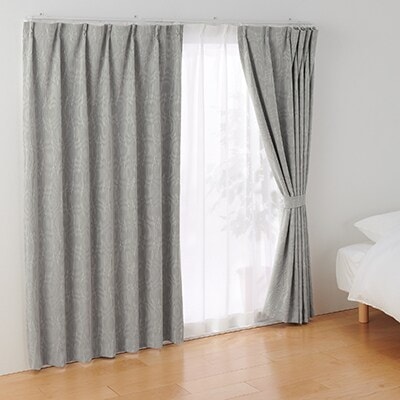 【遮光１級】ポリエステルジャガード織波プリーツカーテン／遮光裏地付／グレー