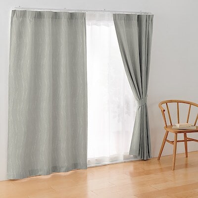 ポリエステルジャガード織波ノンプリーツカーテン／グレー