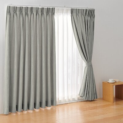 ポリエステルジャガード織波プリーツカーテン２倍ヒダ／グレー
