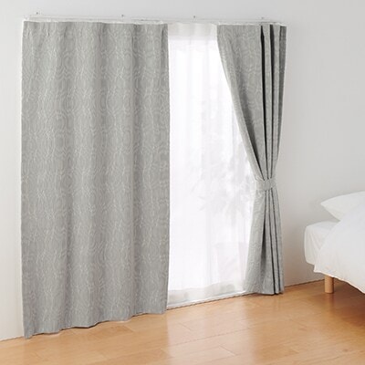 【遮光１級】ポリエステルジャガード織波ノンプリーツカーテン／遮光裏地付／グレー