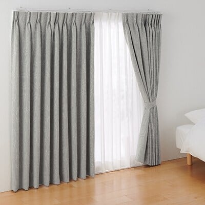 【遮光１級】ポリエステルジャガード織波プリーツカーテン２倍ヒダ／遮光裏地付／グレー