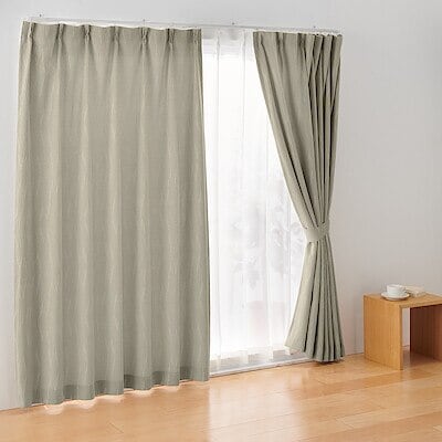 ポリエステルジャガード織波プリーツカーテン／ベージュ