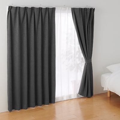 【遮光１級】ポリエステルジャガード織波プリーツカーテン／遮光裏地付／ダークグレー