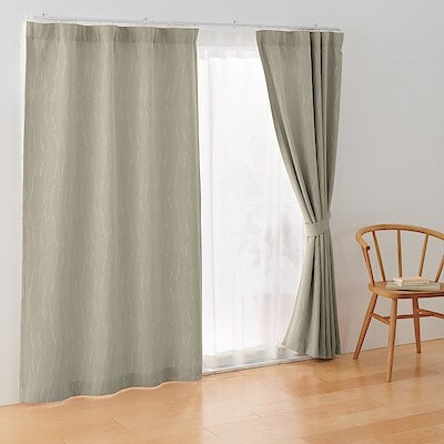 ポリエステルジャガード織波ノンプリーツカーテン／ベージュ