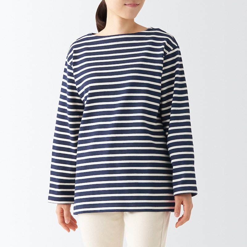 太番手ボートネック長袖ｔシャツ 婦人ｍ ネイビー太ボーダー Tシャツ カットソー 長袖 婦人 レディース 通販 無印良品