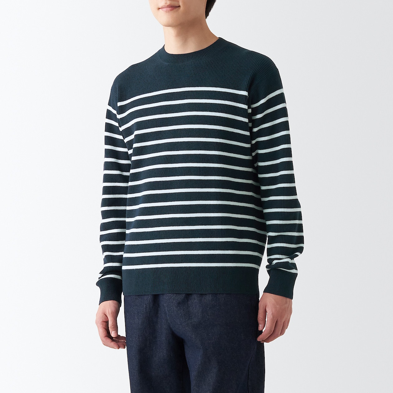 Crewneck Sweater Knitted with Yarn That Keeps Its Shape: Dark Navy Stripe Crewneck Sweater Knitted with Yarn That Keeps Its Shape: Dark Navy Stripe