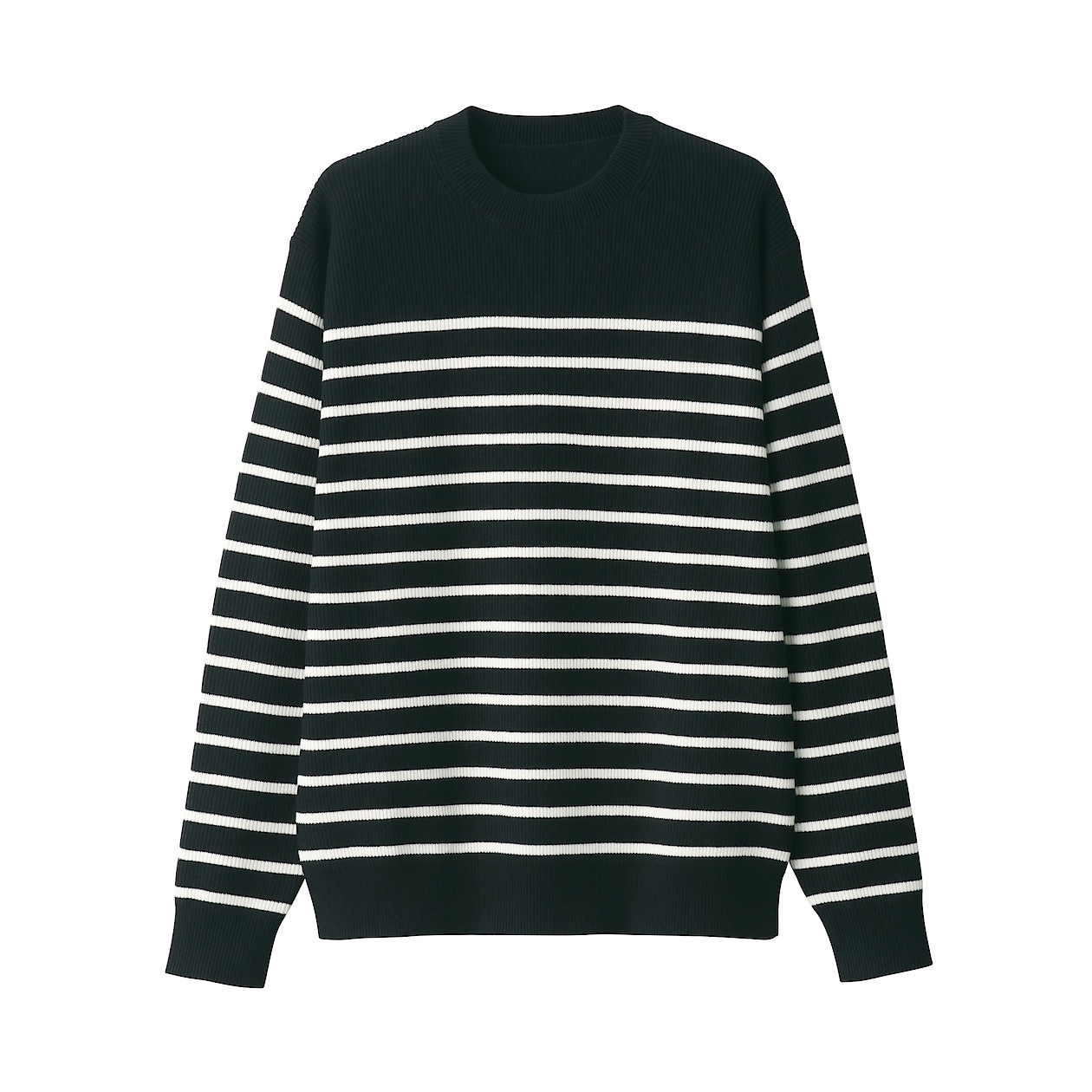 Crewneck Sweater Knitted with Yarn That Keeps Its Shape: Black Stripe Crewneck Sweater Knitted with Yarn That Keeps Its Shape: Black Stripe