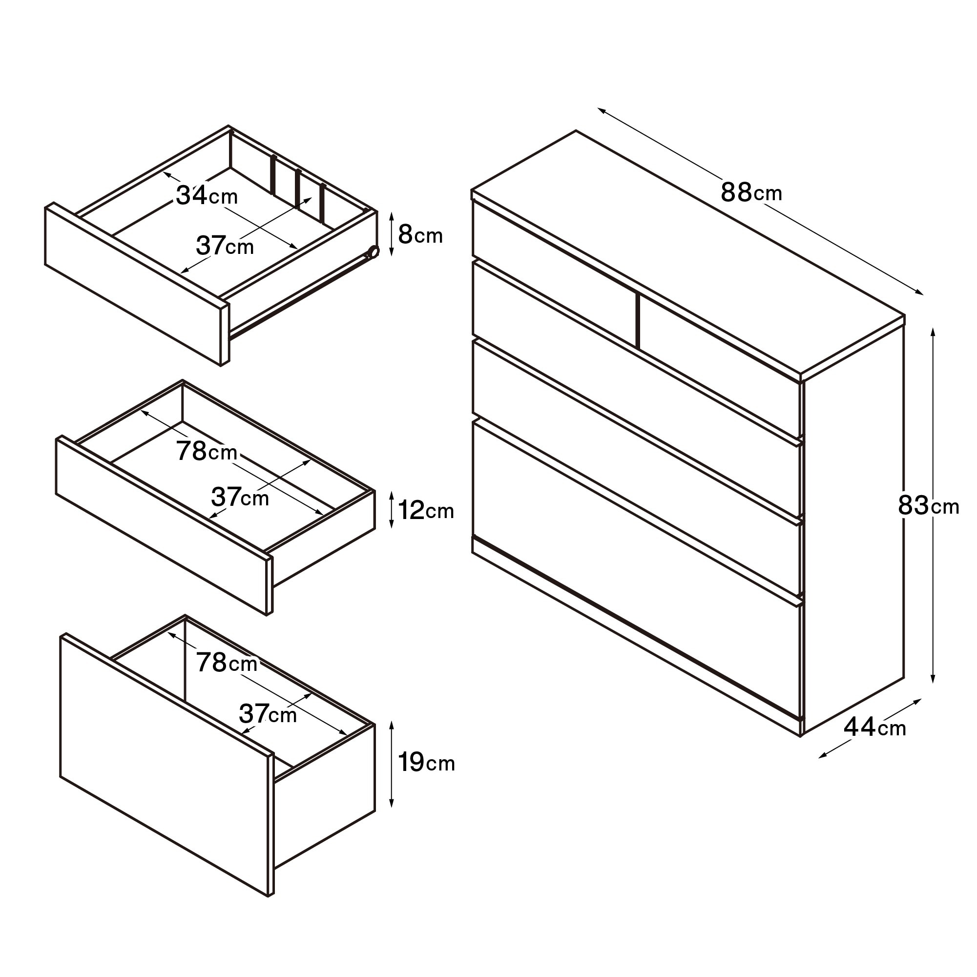木製チェスト４段　オーク材突板