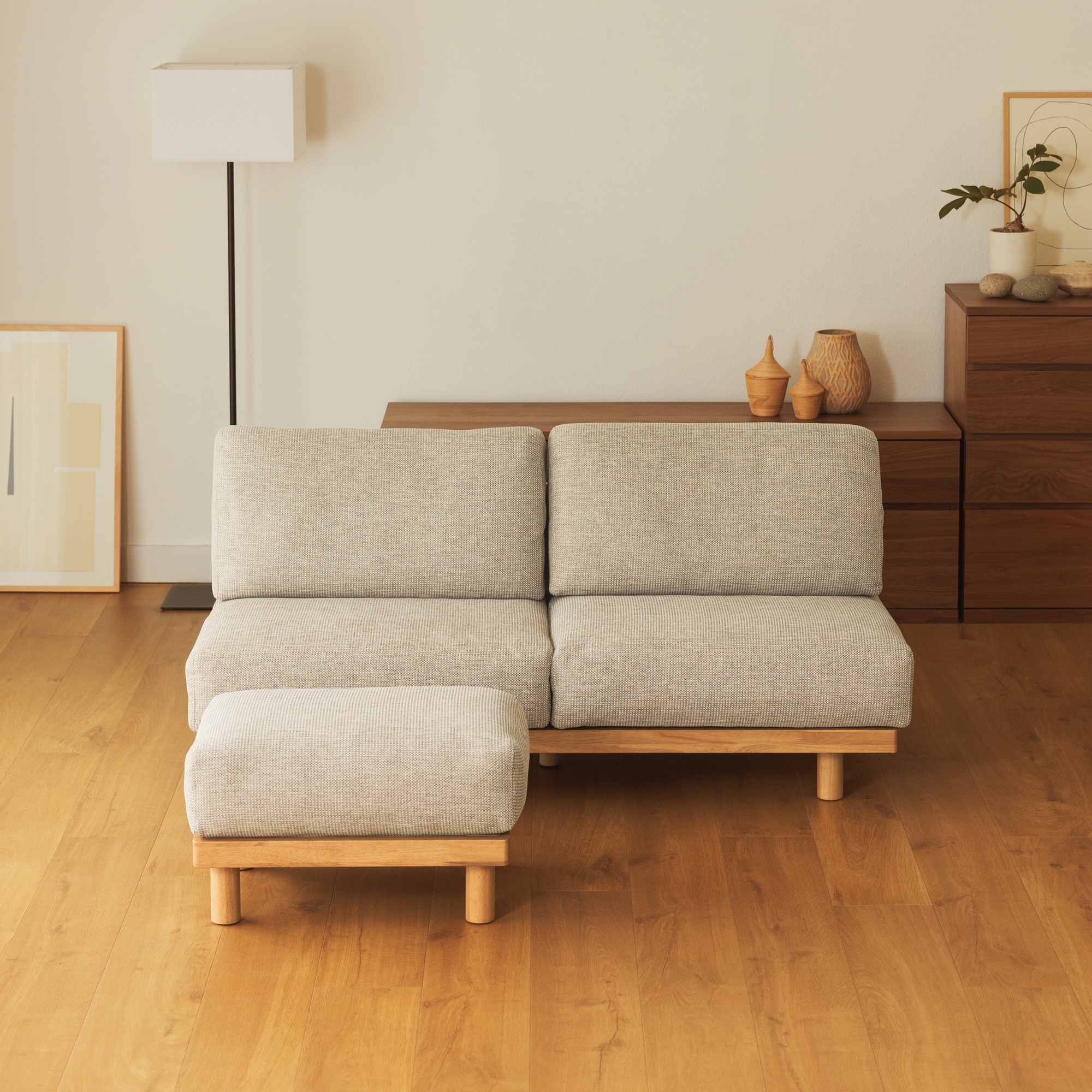 ゆったり座れるアームレスソファ　２シーター　ポリエステル平織