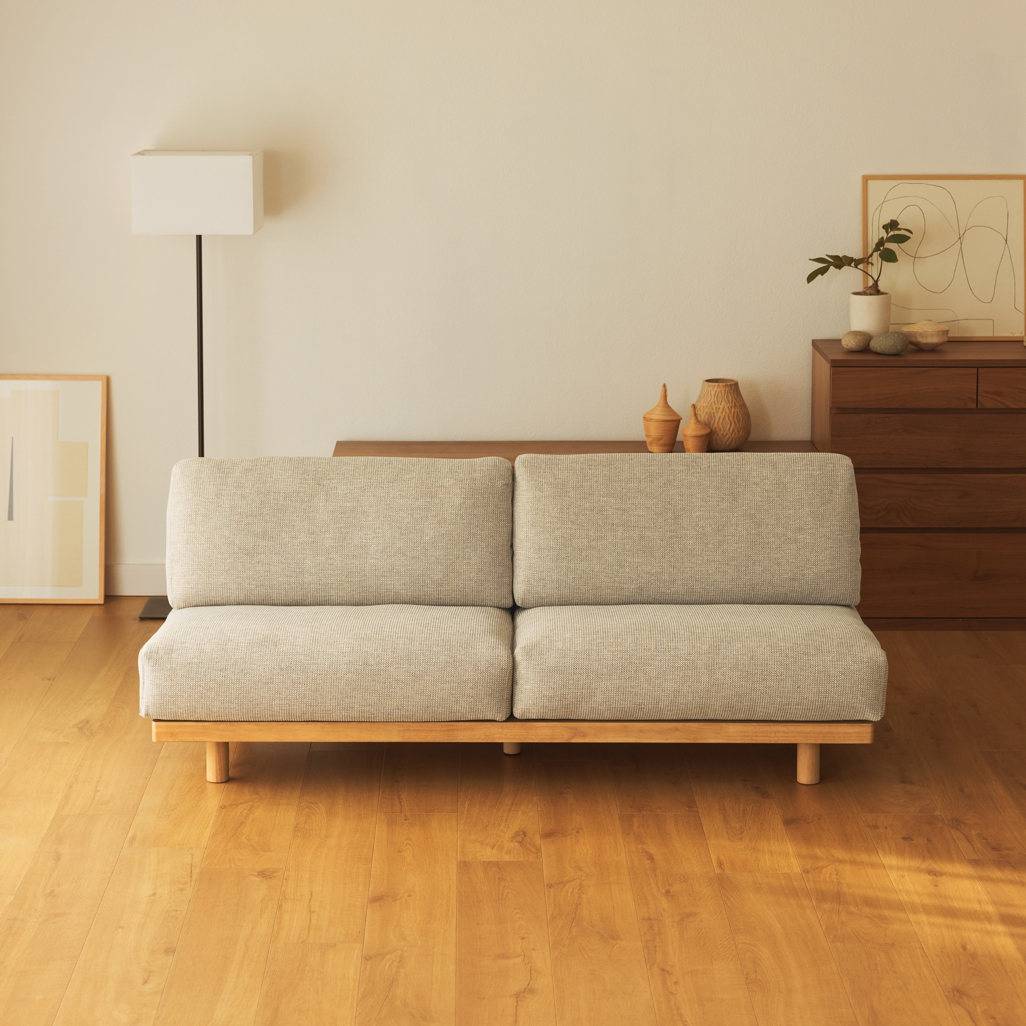 ゆったり座れるアームレスソファ　３シーター　ポリエステル平織