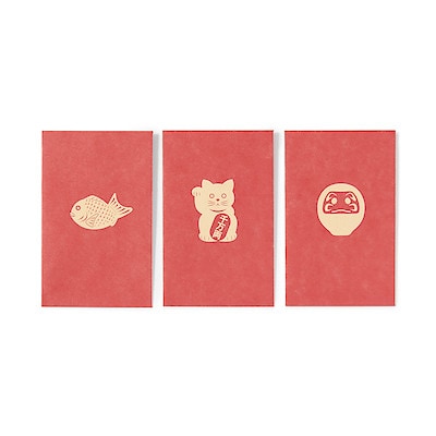 竹紙ぽち袋　縁起物柄３種　招き猫・だるま・鯛　約幅７０×高さ１１０ｍｍ　３枚入り　赤